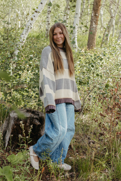 THE JORDAN STRIPE LONG SLEEVE SWEATER IN GREY