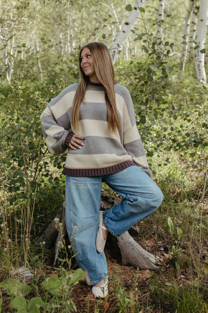 THE JORDAN STRIPE LONG SLEEVE SWEATER IN GREY