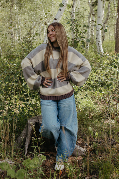 THE JORDAN STRIPE LONG SLEEVE SWEATER IN GREY