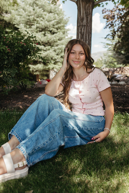 THE KAYLANI POLKA DOT BUTTON TOP IN SOFT PINK