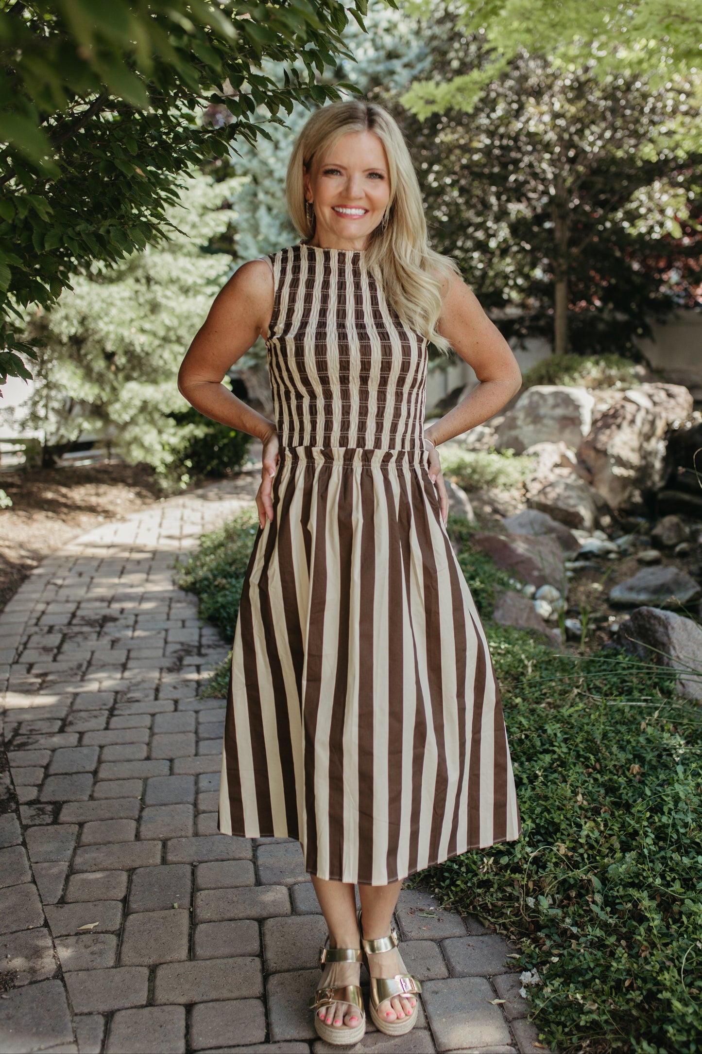 THE RIVKA STRIPE MIDI SLEEVELESS DRESS IN IVORY