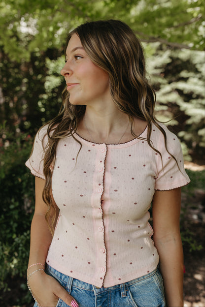 THE KAYLANI POLKA DOT BUTTON TOP IN SOFT PINK