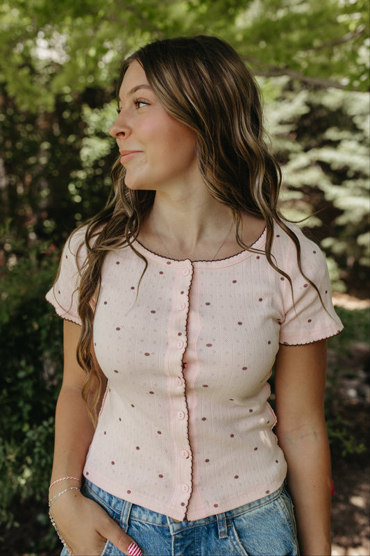 THE KAYLANI POLKA DOT BUTTON TOP IN SOFT PINK