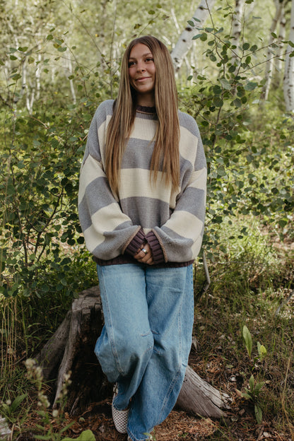 THE JORDAN STRIPE LONG SLEEVE SWEATER IN GREY