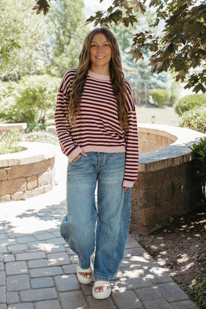 THE TIFFANY STRIPE RELAXED BUTTON SWEATER IN LIGHT PINK