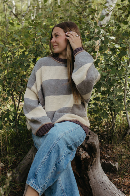 THE JORDAN STRIPE LONG SLEEVE SWEATER IN GREY