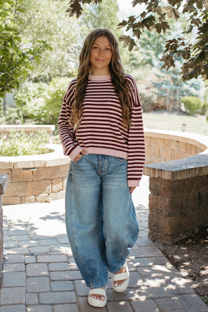 THE TIFFANY STRIPE RELAXED BUTTON SWEATER IN LIGHT PINK