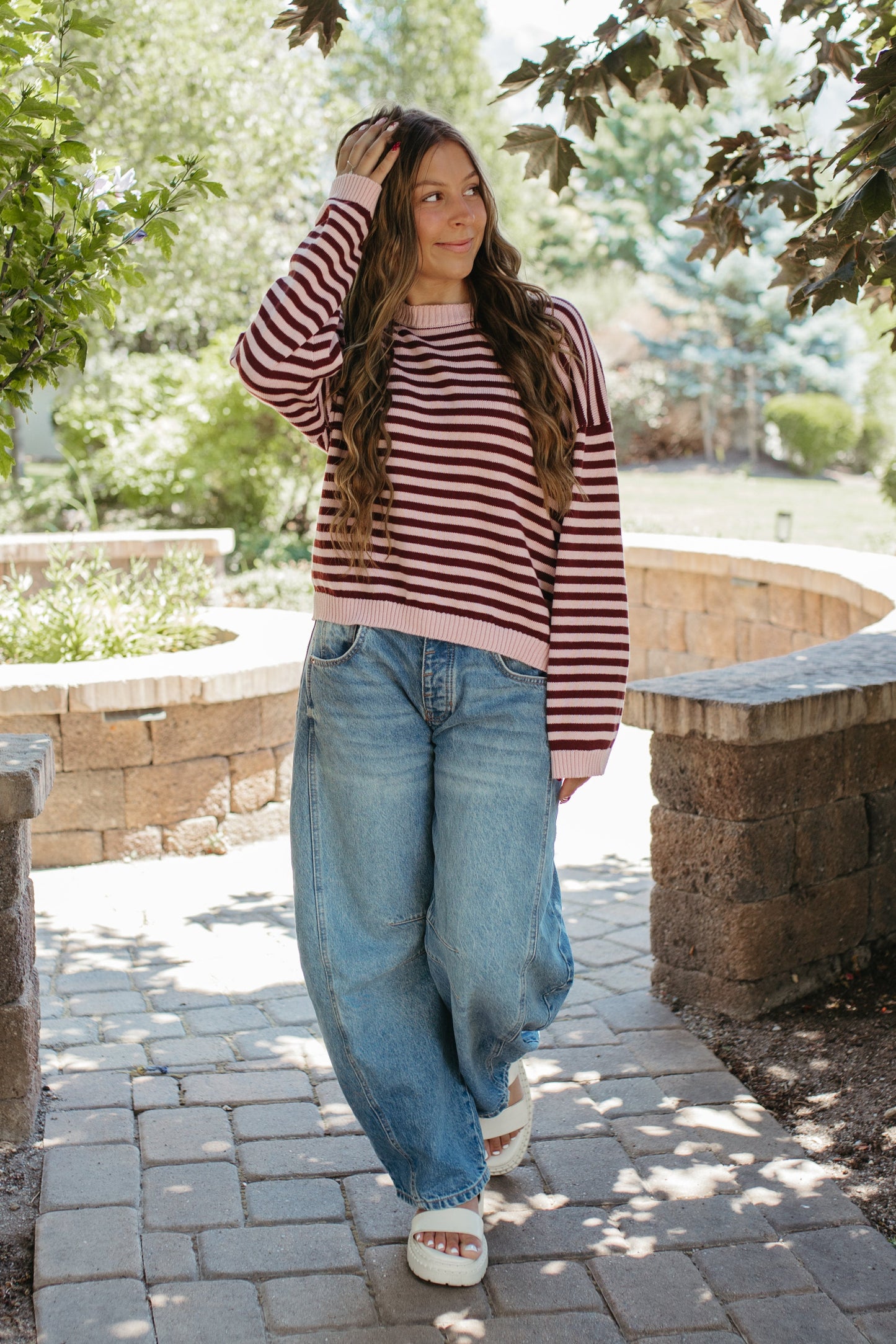 THE TIFFANY STRIPE RELAXED BUTTON SWEATER IN LIGHT PINK
