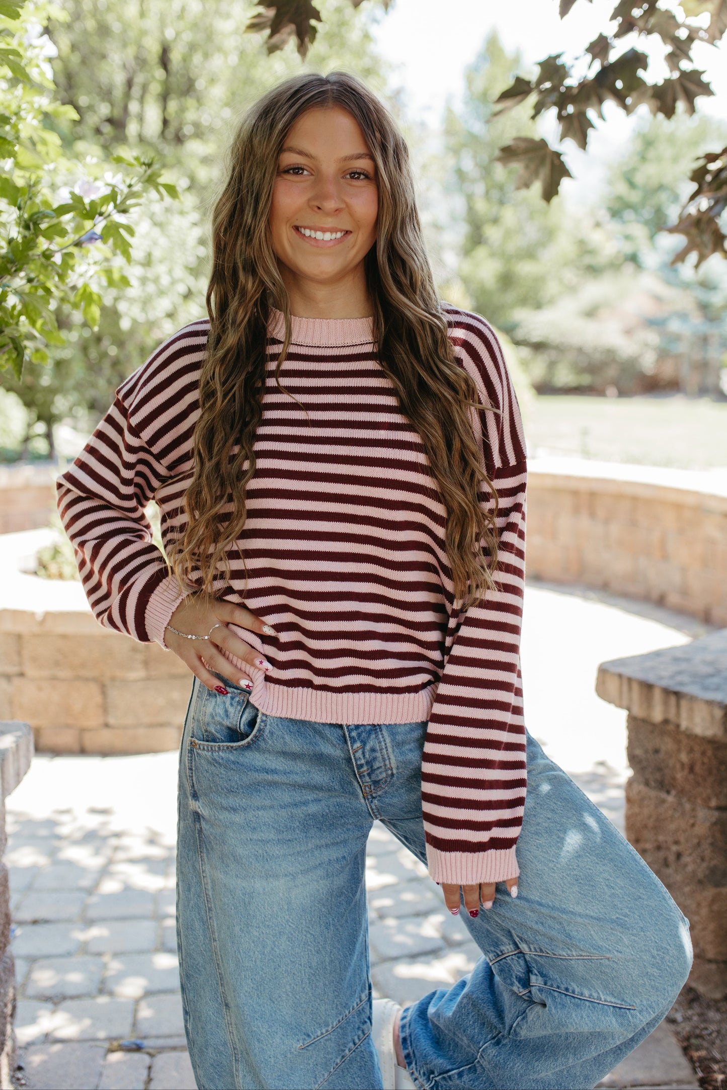 THE TIFFANY STRIPE RELAXED BUTTON SWEATER IN LIGHT PINK
