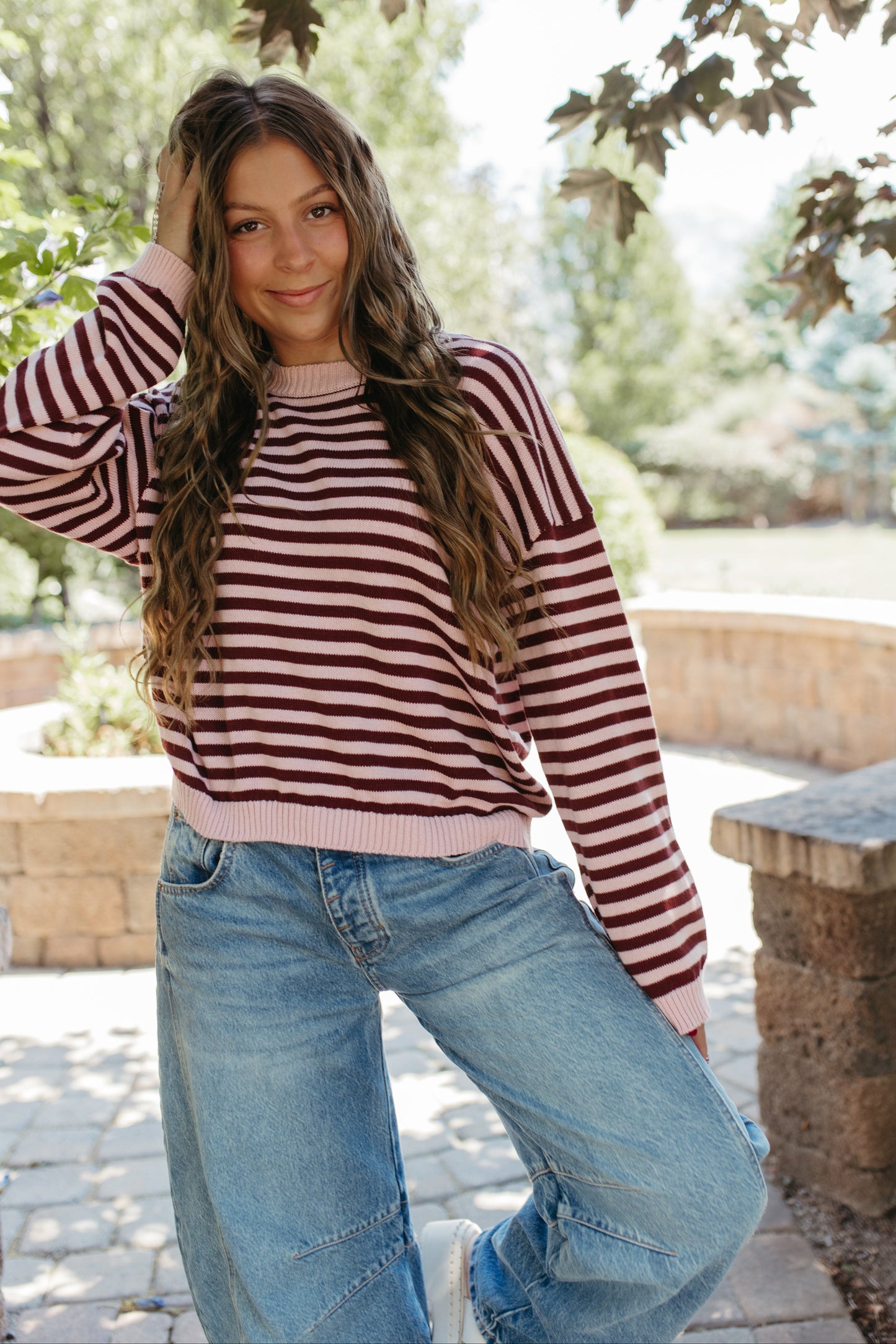 THE TIFFANY STRIPE RELAXED BUTTON SWEATER IN LIGHT PINK