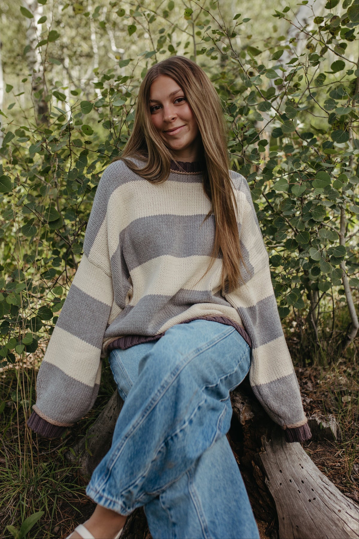 THE JORDAN STRIPE LONG SLEEVE SWEATER IN GREY