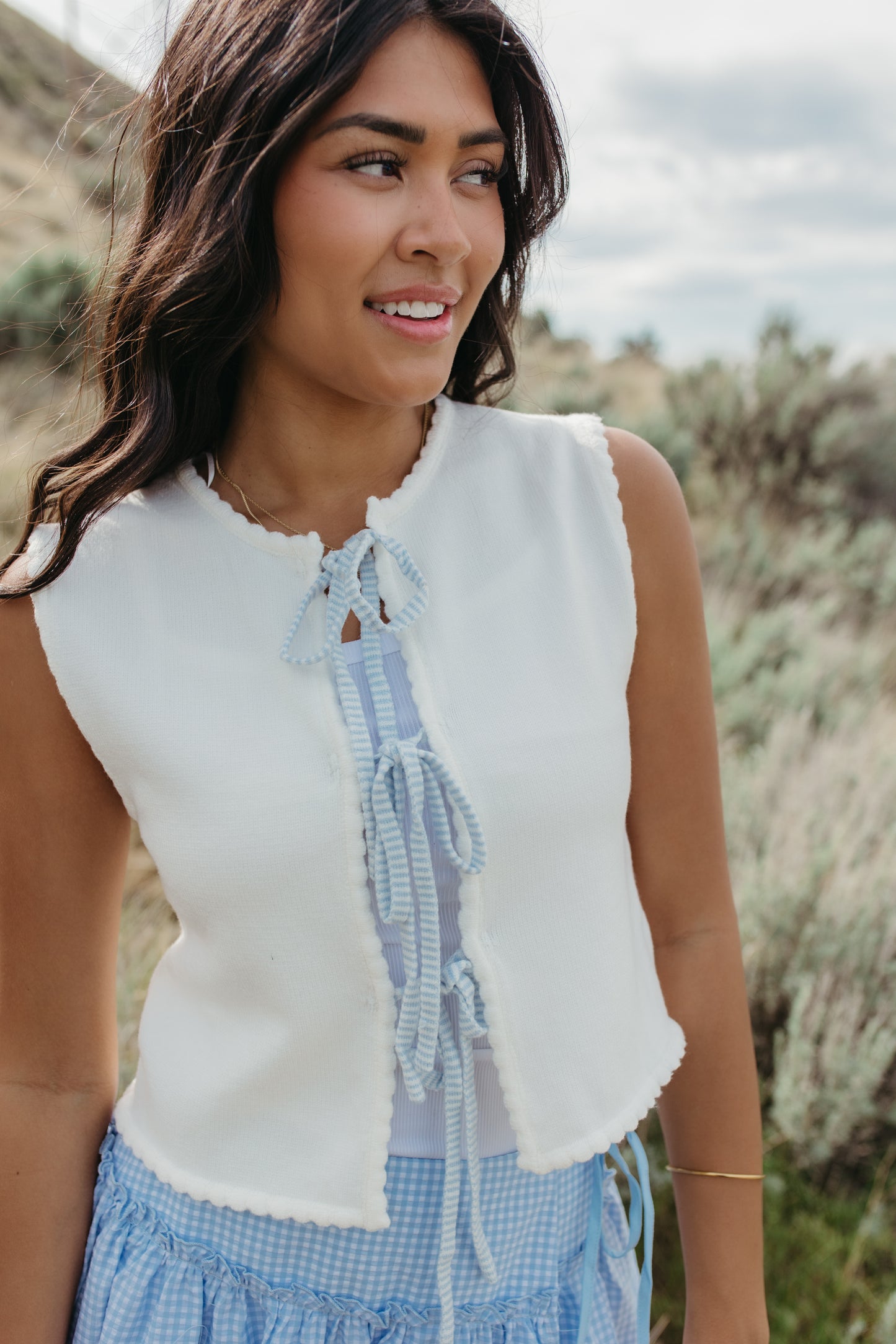 THE JUNE TIE-FRONT SCALLOPED HEM VEST IN WHITE