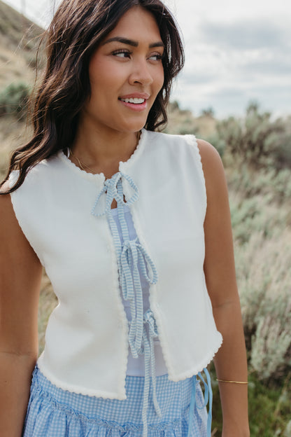 THE JUNE TIE-FRONT SCALLOPED HEM VEST IN WHITE