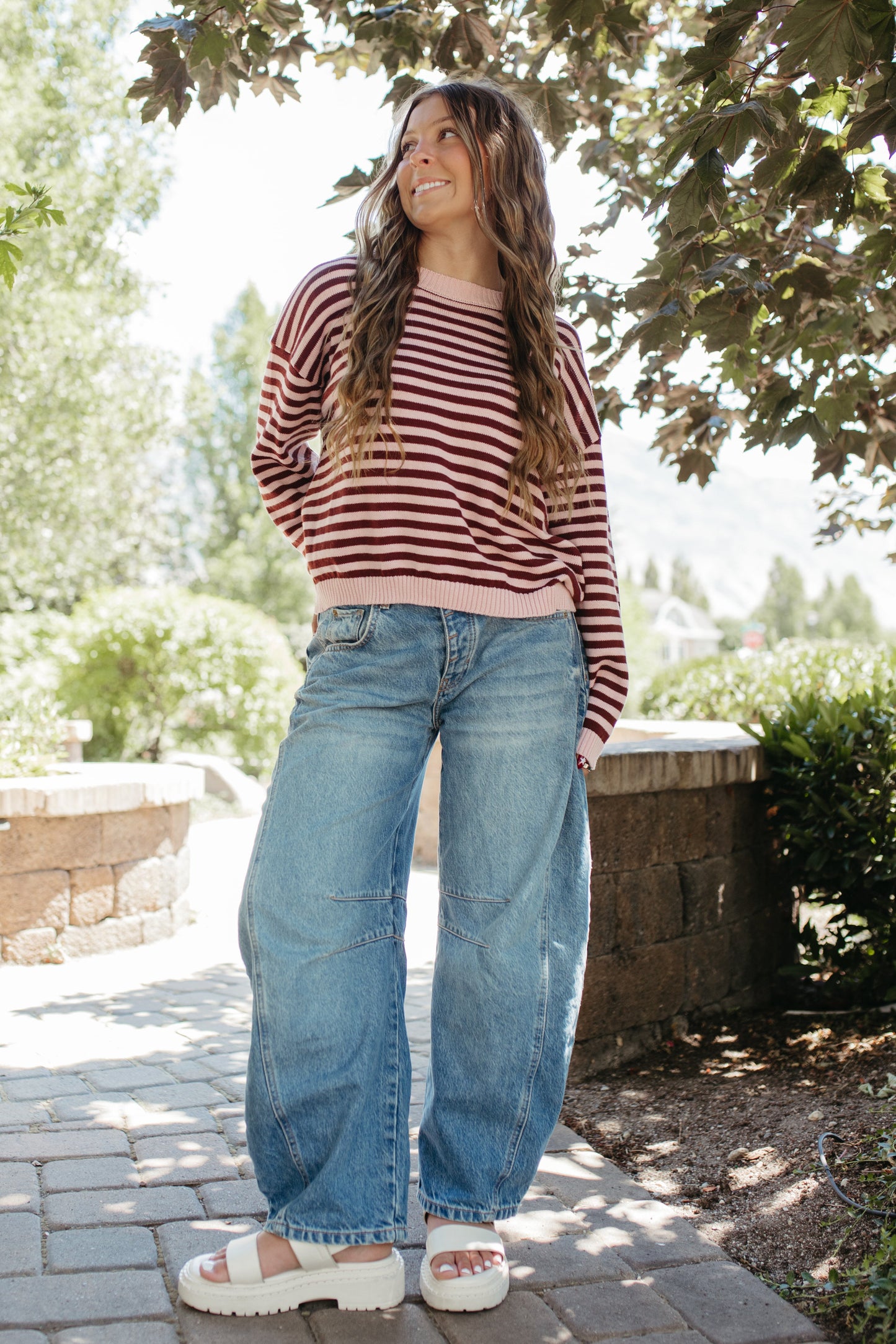 THE TIFFANY STRIPE RELAXED BUTTON SWEATER IN LIGHT PINK