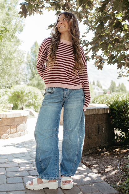 THE TIFFANY STRIPE RELAXED BUTTON SWEATER IN LIGHT PINK