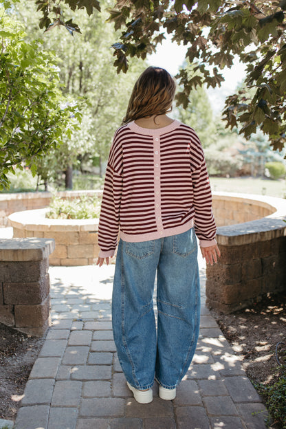 THE TIFFANY STRIPE RELAXED BUTTON SWEATER IN LIGHT PINK