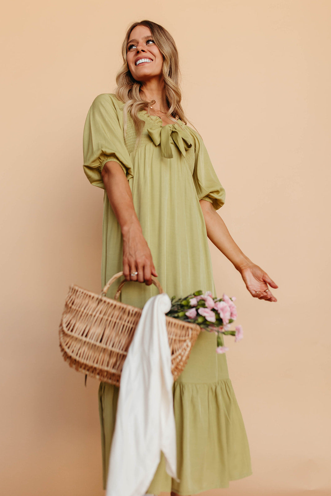 THE TAELYN TIED BODICE DRESS IN PISTACHIO