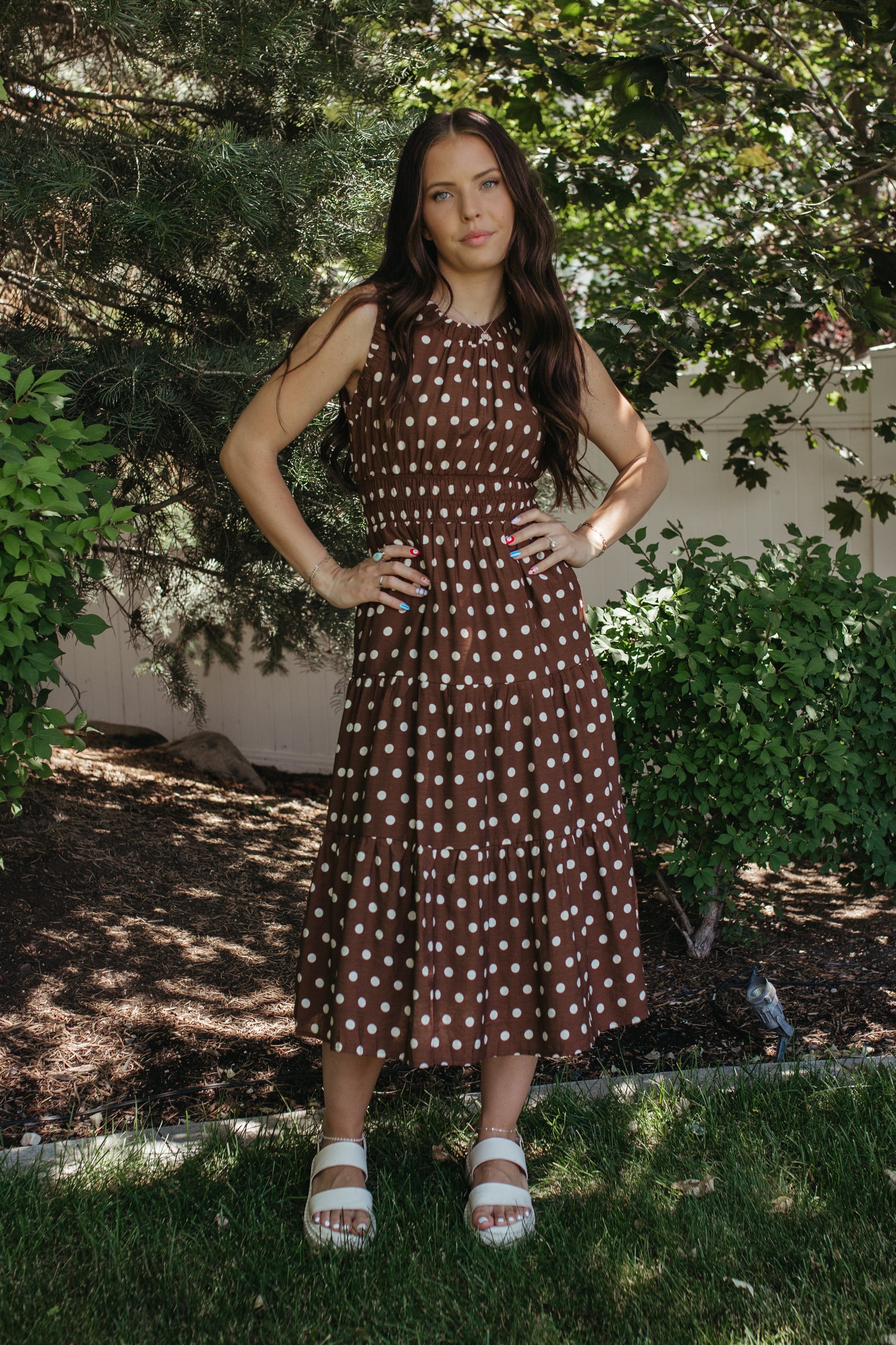 brown and pink polka dot dress Reclaimed Vintage floaty midi with frill detail in mixed print Yours London Women's Plus Size