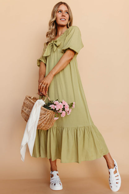 THE TAELYN TIED BODICE DRESS IN PISTACHIO