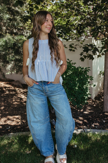 THE EVIE SKY MEADOW PEPLUM TOP IN BLUE