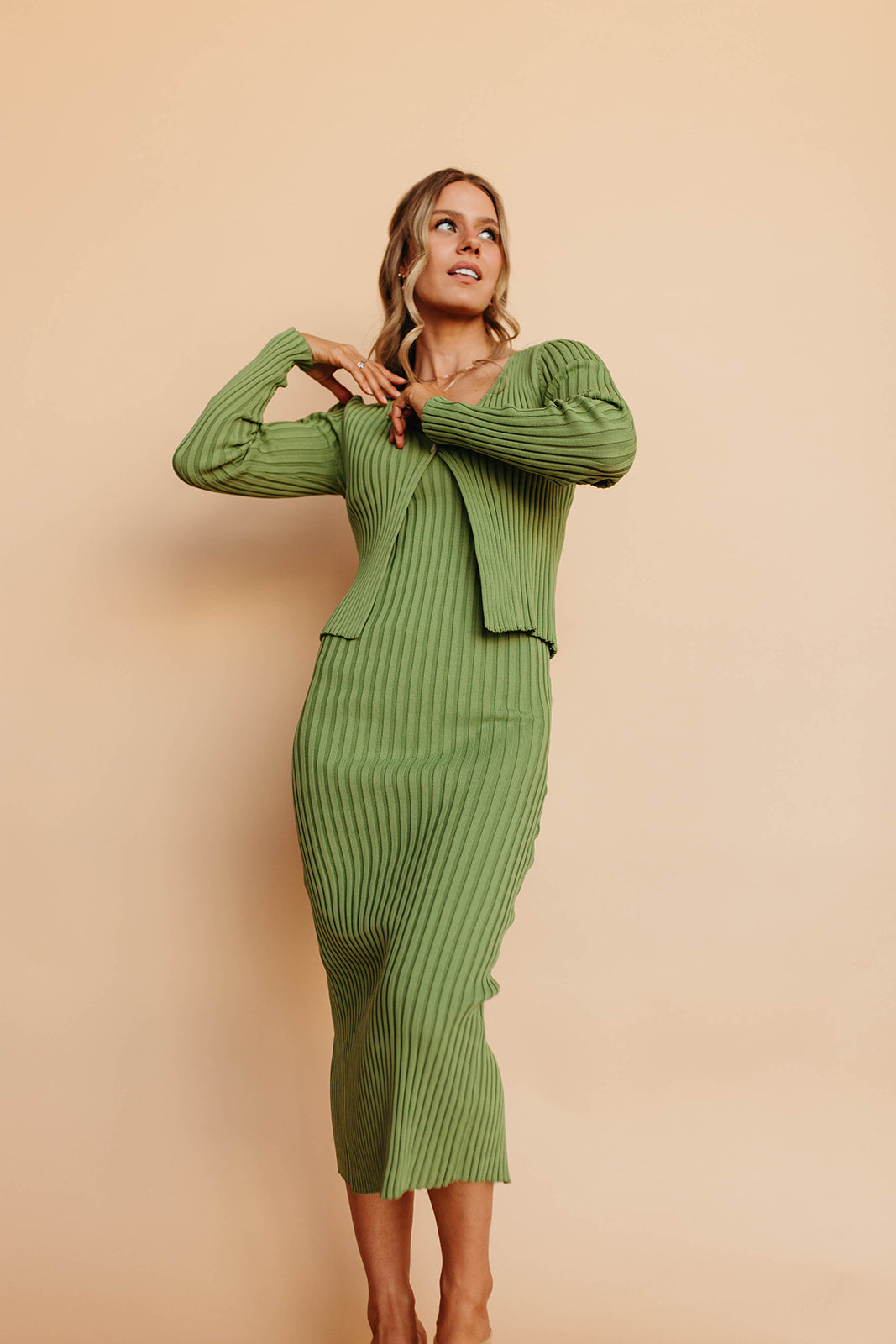 THE SERENA RIBBED DRESS AND CARDIGAN SET IN GREEN APPLE