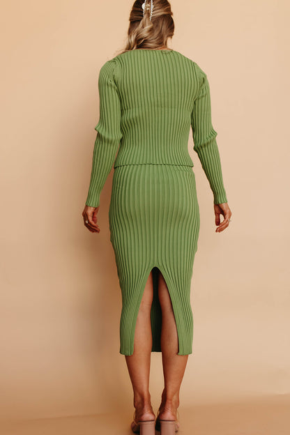 THE SERENA RIBBED DRESS AND CARDIGAN SET IN GREEN APPLE