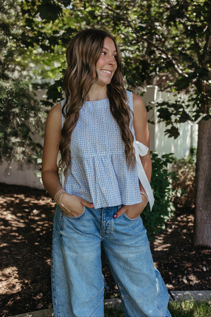 THE EVIE SKY MEADOW PEPLUM TOP IN BLUE