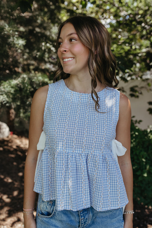 THE EVIE SKY MEADOW PEPLUM TOP IN BLUE
