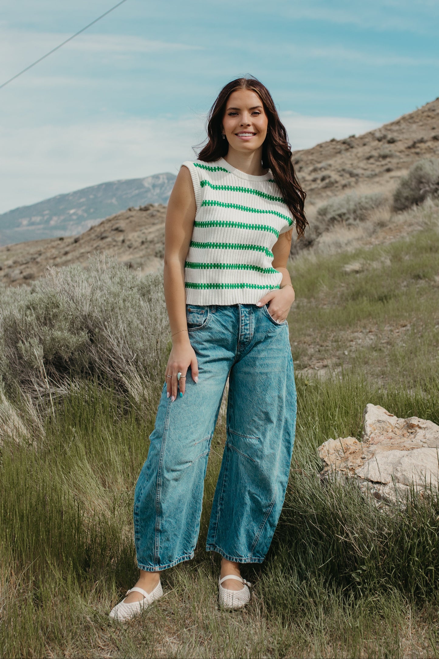 THE RUBY STRIPE TOP IN IVORY/GREEN