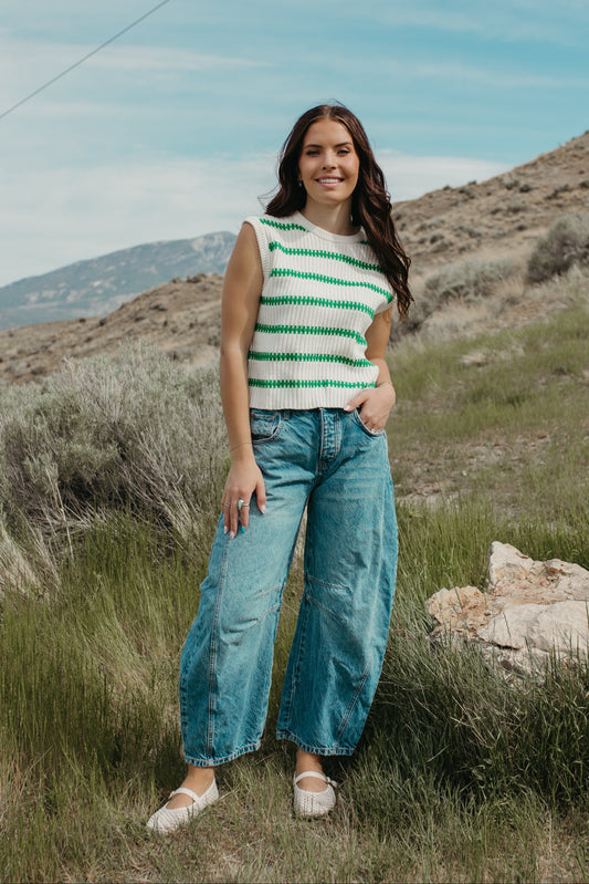 THE RUBY STRIPE TOP IN IVORY/GREEN