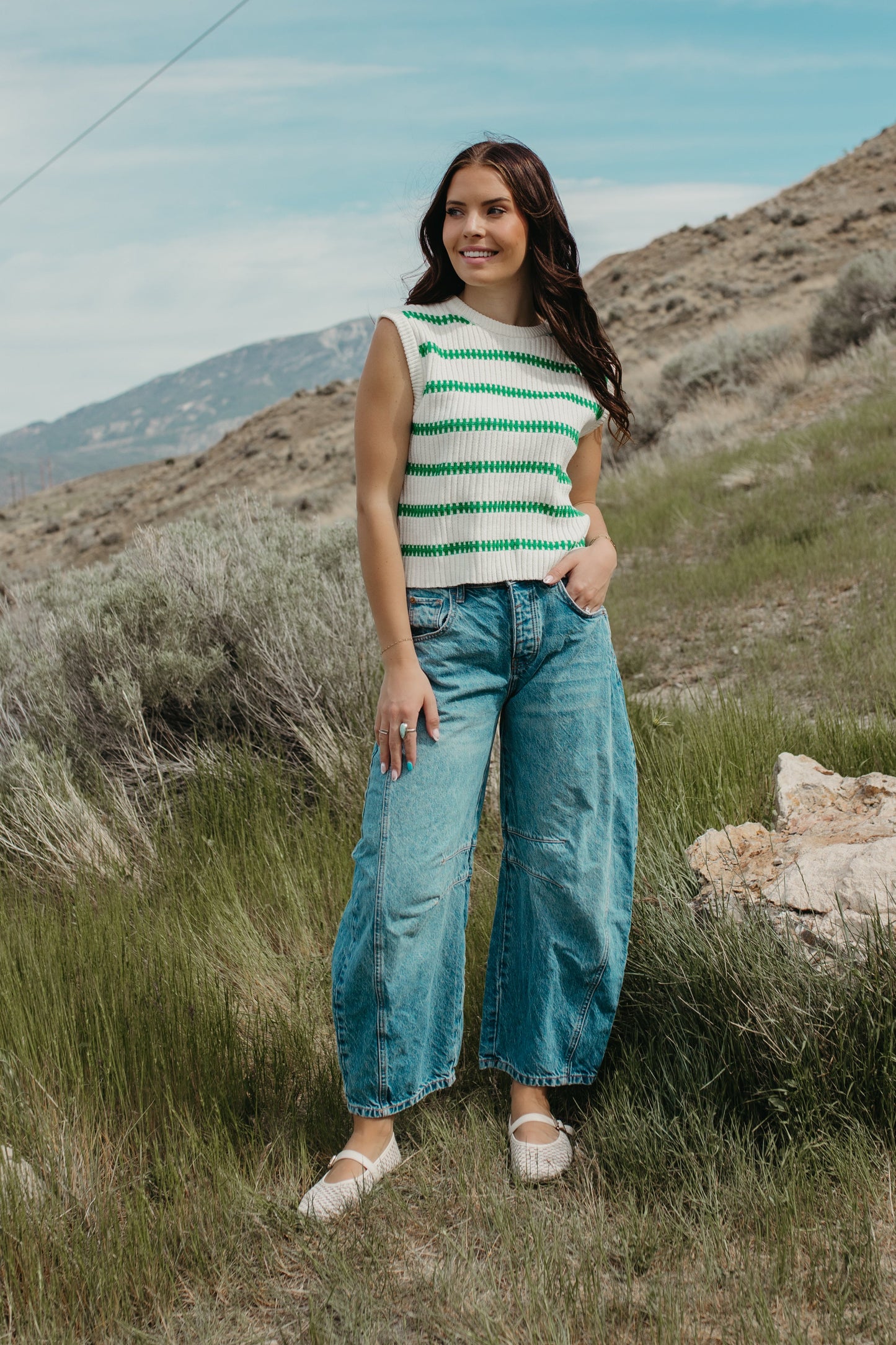 THE RUBY STRIPE TOP IN IVORY/GREEN