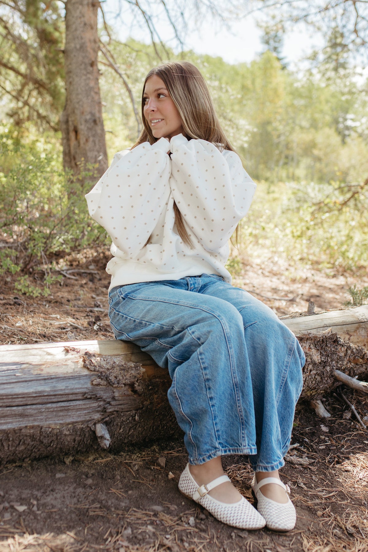 THE ELORA POLKA DOT BUTTON SWEATER IN WHITE