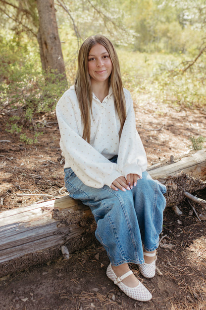 THE ELORA POLKA DOT BUTTON SWEATER IN WHITE