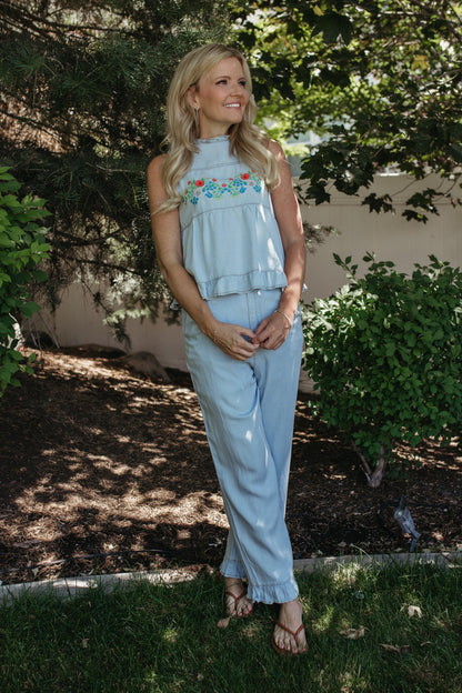 THE MILLA EMBROIDERED FLORAL DENIM SET