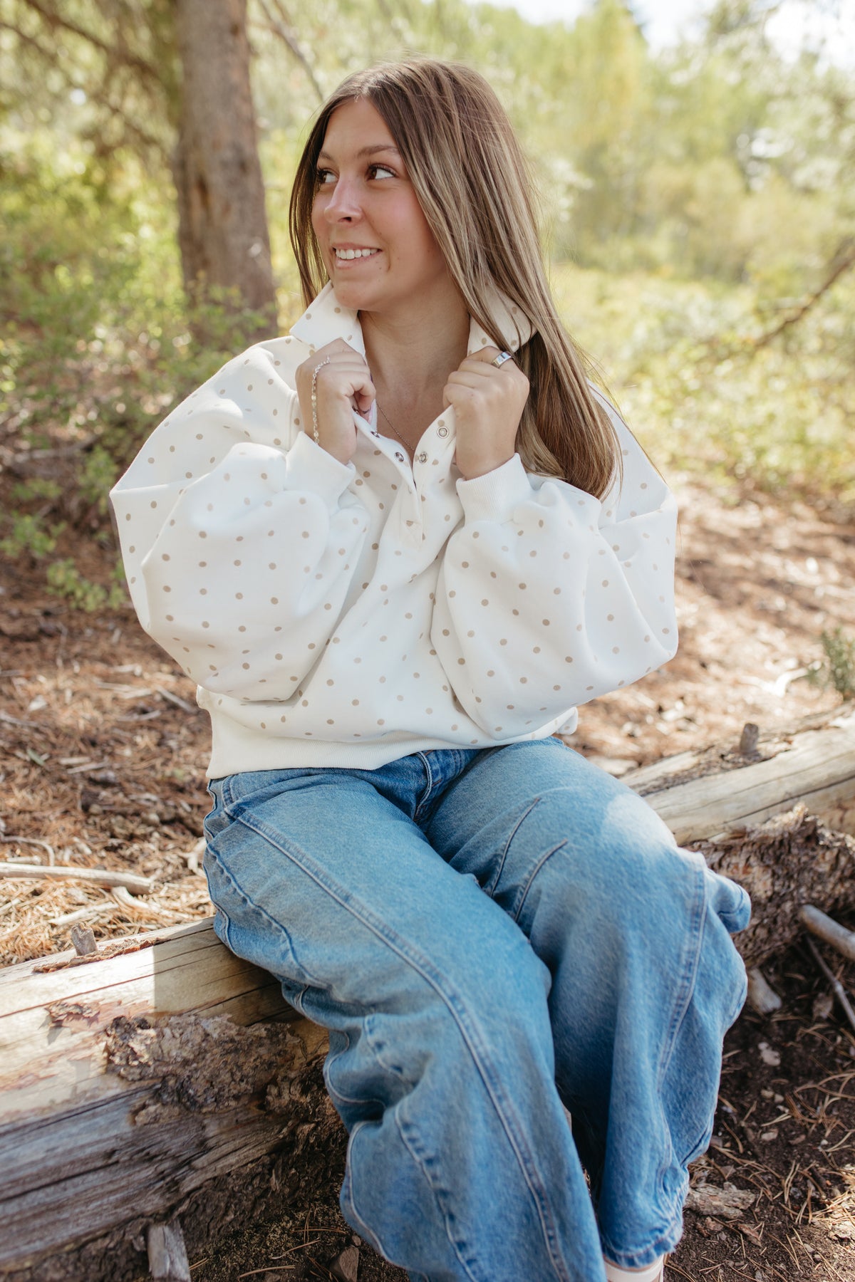 THE ELORA POLKA DOT BUTTON SWEATER IN WHITE