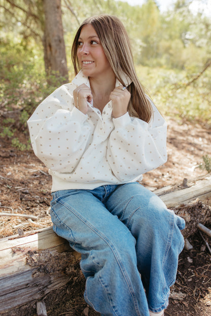 THE ELORA POLKA DOT BUTTON SWEATER IN WHITE
