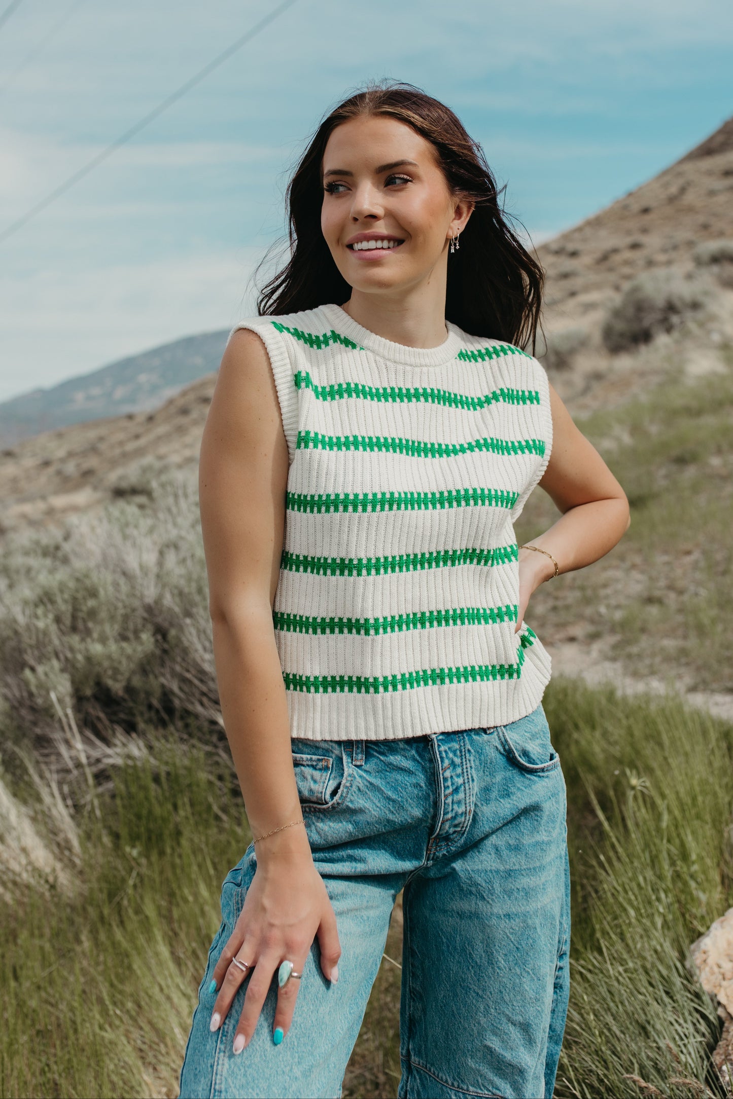 THE RUBY STRIPE TOP IN IVORY/GREEN