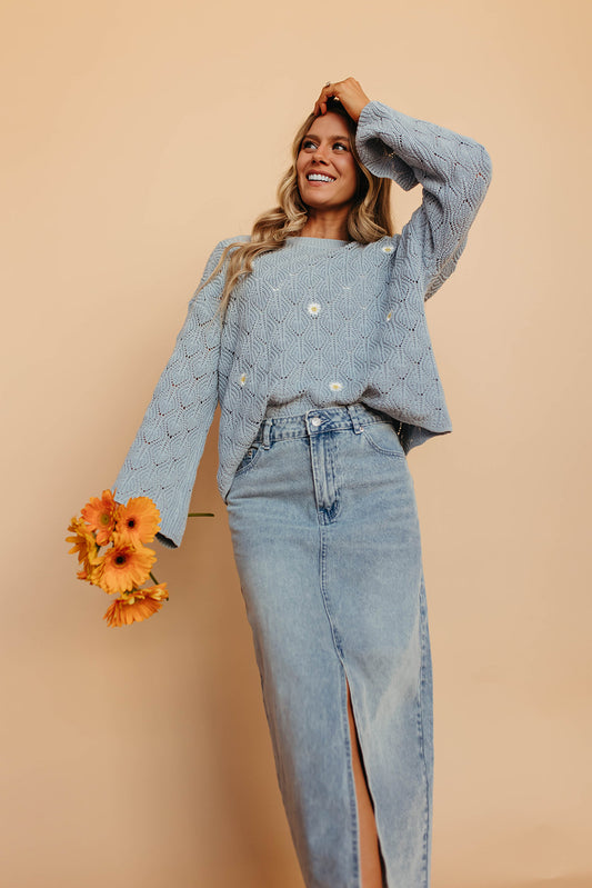 THE DAISY EMBROIDERED SWEATER IN SKY BLUE