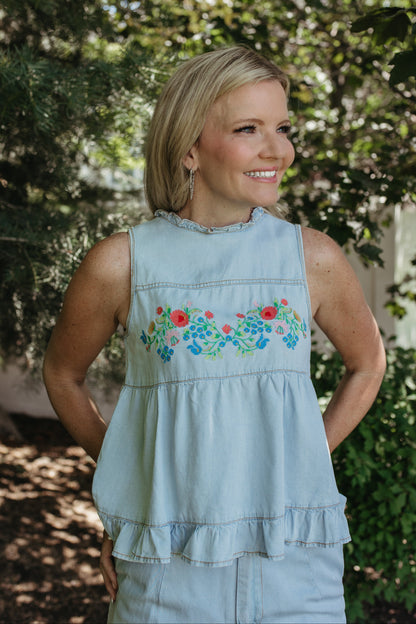 THE MILLA EMBROIDERED FLORAL DENIM SET