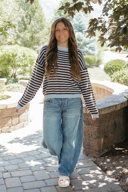 THE TIFFANY STRIPE RELAXED BUTTON SWEATER IN LIGHT BLUE