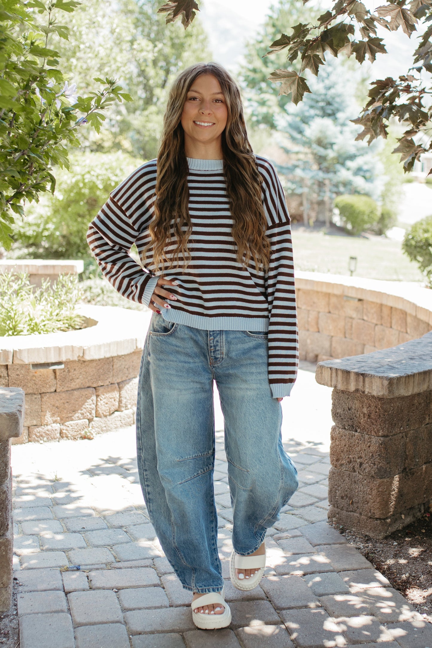 THE TIFFANY STRIPE RELAXED BUTTON SWEATER IN LIGHT BLUE