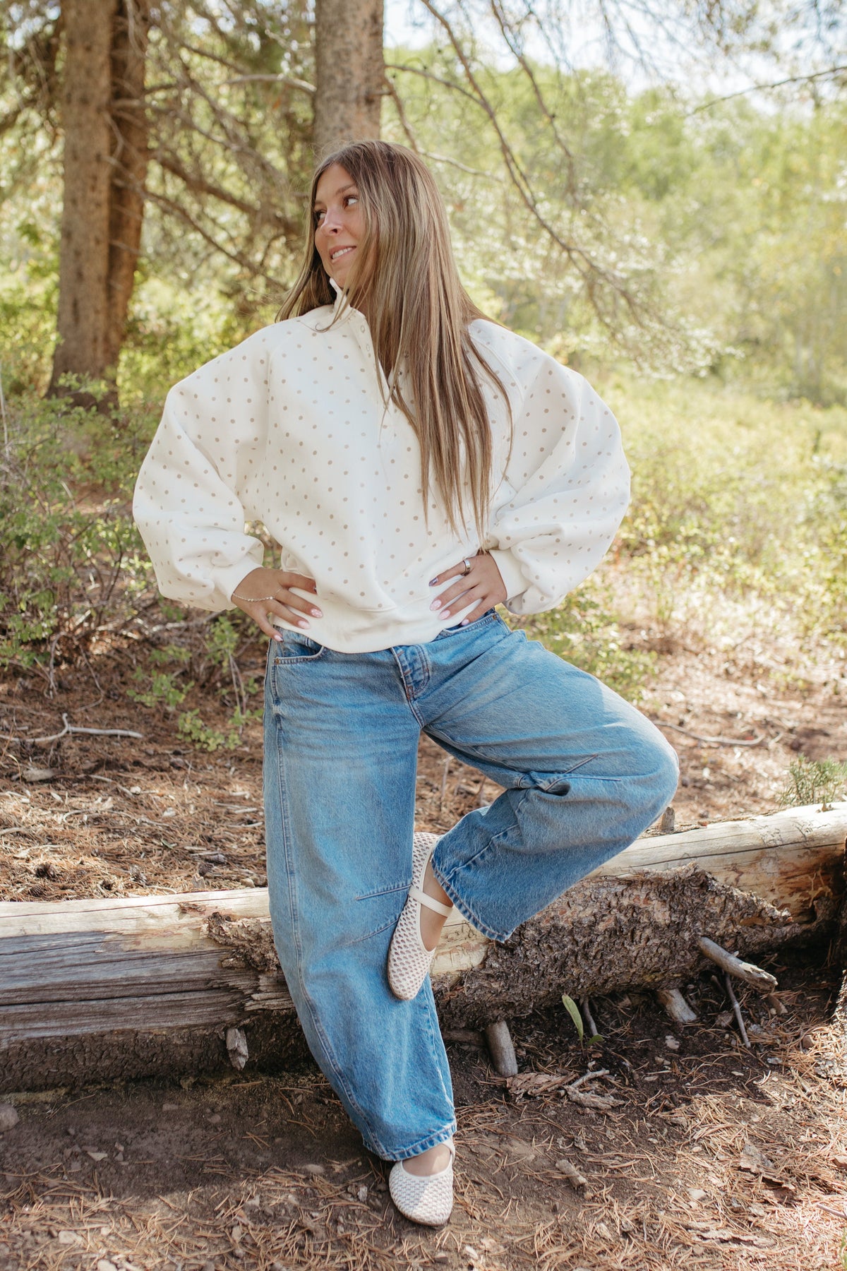 THE ELORA POLKA DOT BUTTON SWEATER IN WHITE