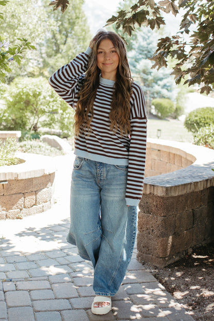 THE TIFFANY STRIPE RELAXED BUTTON SWEATER IN LIGHT BLUE