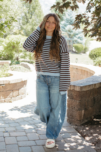 THE TIFFANY STRIPE RELAXED BUTTON SWEATER IN LIGHT BLUE
