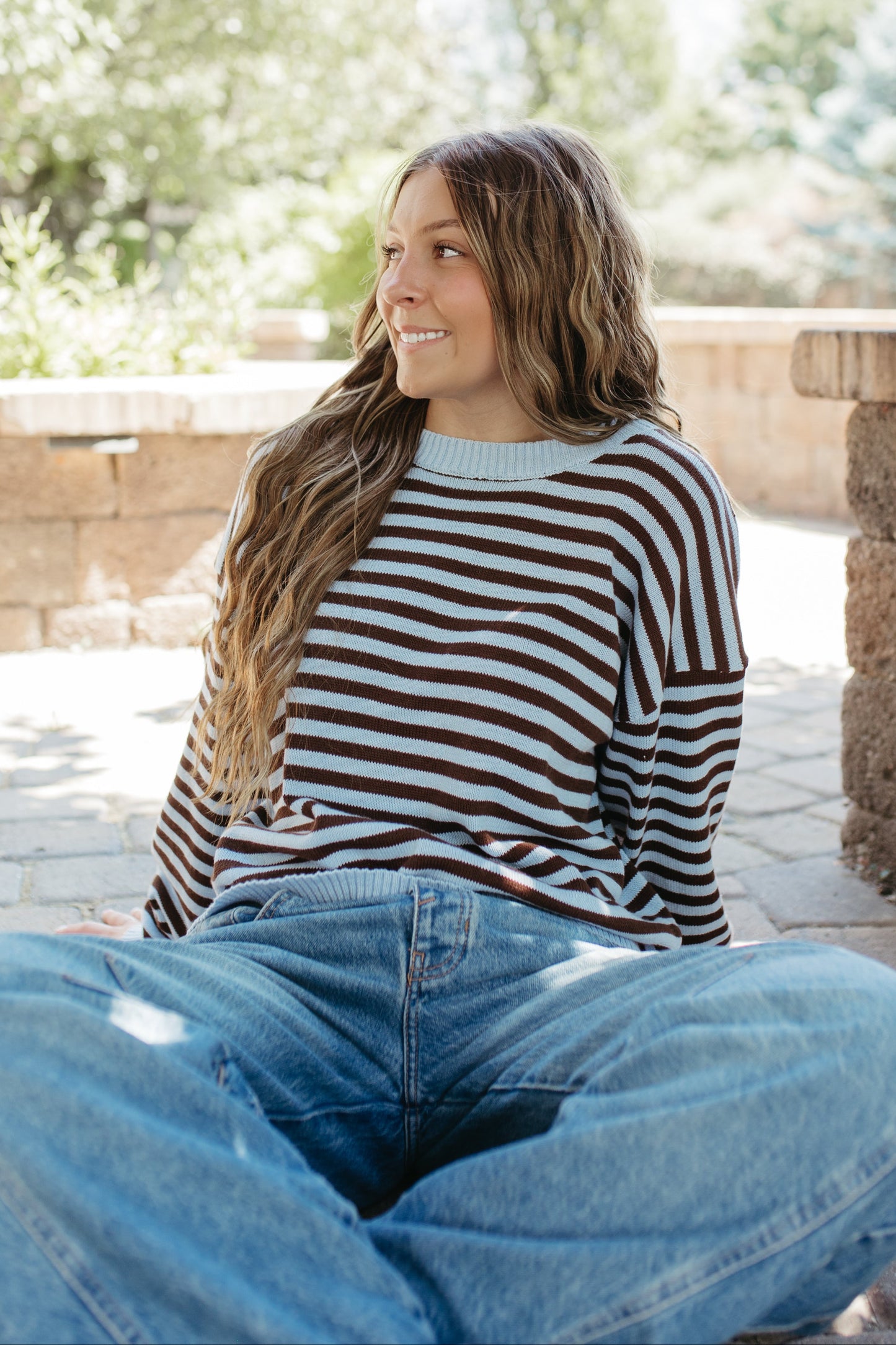 THE TIFFANY STRIPE RELAXED BUTTON SWEATER IN LIGHT BLUE