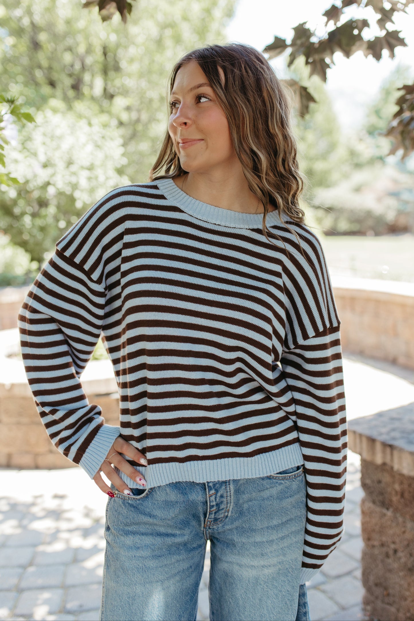 THE TIFFANY STRIPE RELAXED BUTTON SWEATER IN LIGHT BLUE