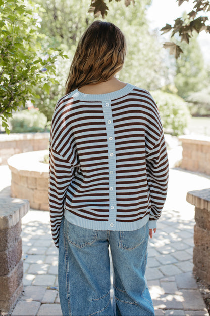THE TIFFANY STRIPE RELAXED BUTTON SWEATER IN LIGHT BLUE