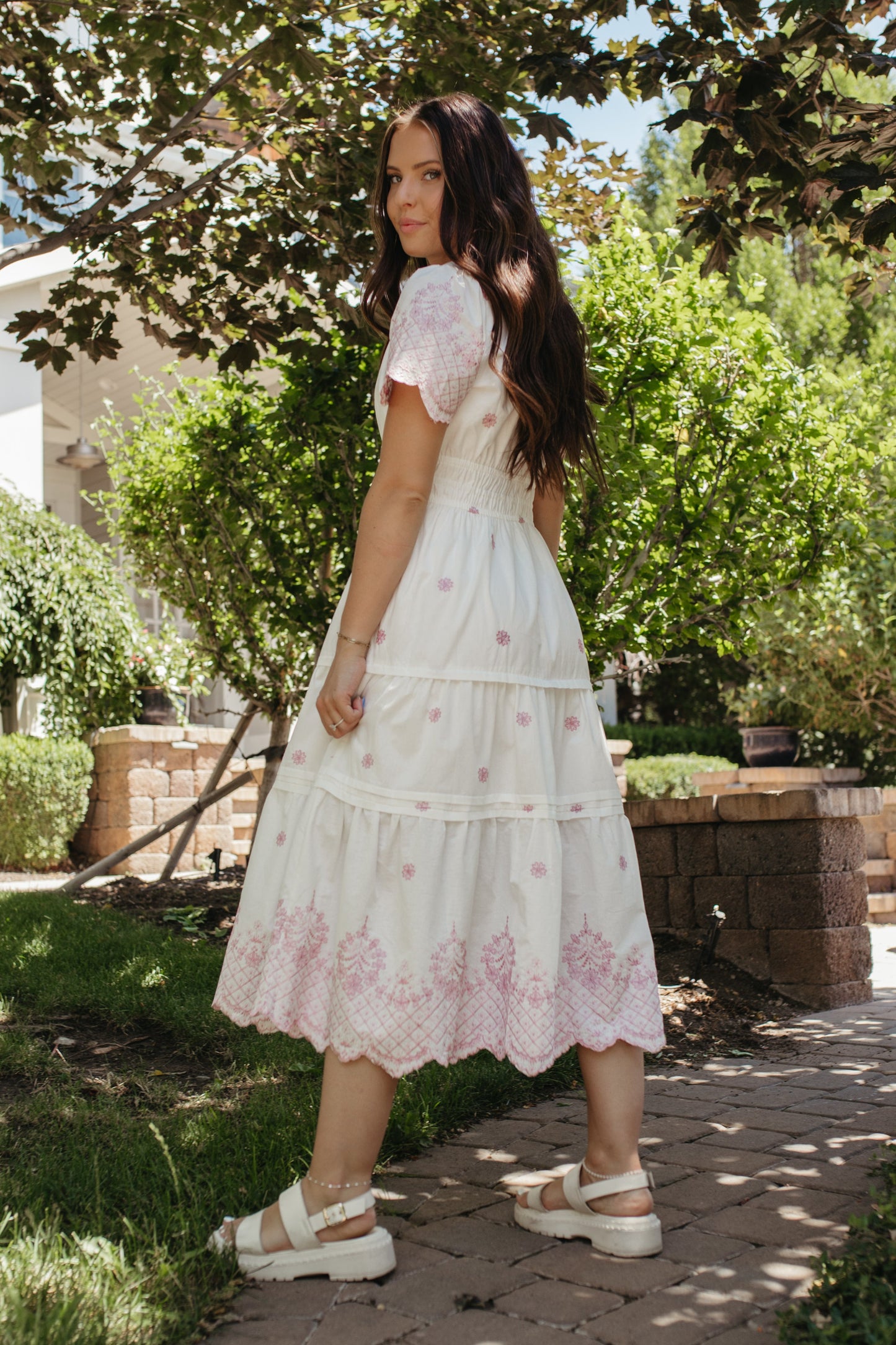 THE RHEG FLORAL EMBROIDERY TIERED DRESS