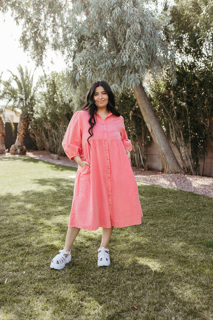THE BODIE BUTTON UP MIDI DRESS IN PINK