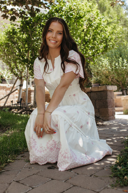 THE RHEG FLORAL EMBROIDERY TIERED DRESS